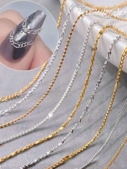 1Box Nail Chain Charms Metal Nail Art Chains 3D Gold Silver Dark Gray Nail Chains Nail Jewelry Chains Line Nail Charms Nail Decorations With Box For Manicure Decoration DIY
