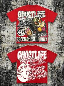Men's Y2K Tee -American Street & "GHOSTLIFE" Hip-Hop Figureg Raphic T Shirt, Loose Retro Fit,Suitable For Young Men And Women To Wear For Casual,2026 Mens Clothes,Men Shirts,Camisas Para Hombre,Graphic Tees Men,Mens Clothes - 紅色 - 查看 7