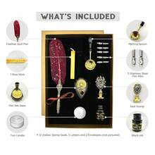 Feather Quill Calligraphy Set – Antique Dip Pen Writing Kit With 12 Zodiac Wax Seals, Ink, Nibs, Pen Stand, Envelopes & Paper – Vintage Gift For Beginners (White) - White - View 3