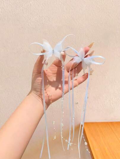 Set de 2 piezas: Pasador de pelo con lazo y borla de cinta azul etérea, diseño de mariposa transparente + Diadema con cadena de perlas y borla etérea, esencial para la temporada de bodas - Adecuado para mujeres y niñas, apto para uso diario, citas, salidas, escuela, sesiones de fotos en diversos escenarios, establece fácilmente el ambiente