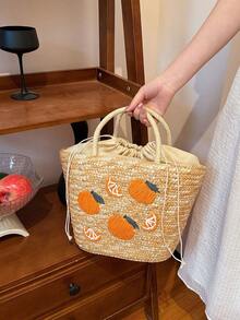 Summer Fruit Pattern Woven Tote Bag, Women Holiday Casual Handbag Suitable For Beach, Seaside, Vacation - Khaki - View 9