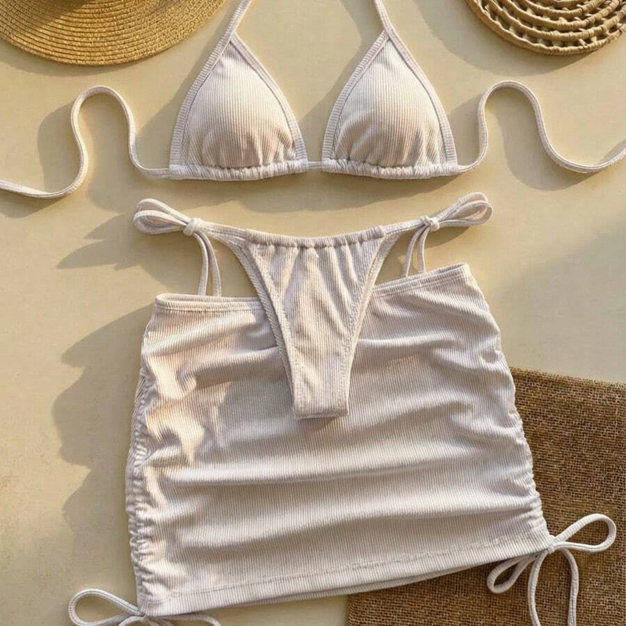 3-Piece Women's Beachwear Set With Pleated Skirt And Adjustable Triangle Bikini Top, Basic Style, One Color - White - View 1