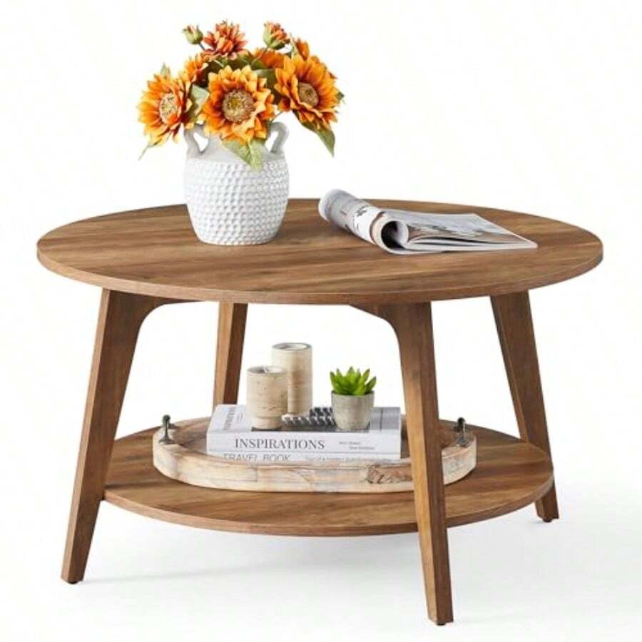 VASAGLE - Mesa Redonda de Centro de 2 Niveles con Almacenamiento para Sala de Estar 31.5 x 17.7 Pulgadas fácil de Montar Color café Miel ULCT243K41 - como en la foto - Ver 1