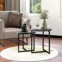 Mesa de Centro Redonda Juego de Mesa de Centro para Salón 2 mesas Estructura de Metal Mesa Auxiliar de Madera Mesa Auxiliar Apilable Color Roble (Negra) - Negro - Ver 3