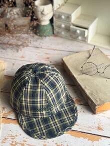 Retro Plaid "Lovely Love" Embroidered Soft-Top Comfortable Adjustable Peaked Cap, Unisex Green/Blue - A - View 12