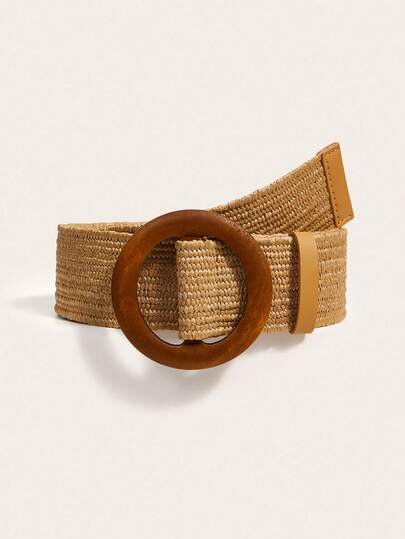 1pc Khaki Round Wooden Buckle Bohemian Elegant Casual Women's Straw Belt, Suitable For Summer Beach Vacation Travel, Matching Dresses And Maxi Skirts