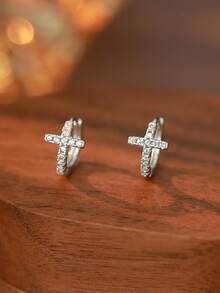 SYMFNY Khuyên tai vòng hình thánh giá bằng bạc Sterling 925 dành cho nữ, mặt dây chuyền hình thánh giá nhỏ nhắn đính đá Cubic Zirconia lấp lánh, khuyên tai vòng nhỏ ôm sát tai, quà tặng trang sức. - đi qua - Xem 3