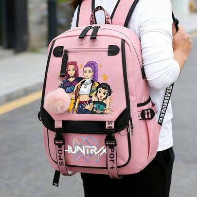 Miniso 名创优品 K-Pop 鬼灭之刃卡通印花背包，大容量书包，可爱毛绒装饰，符合人体工学的背部设计，适合青少年返校，是生日、圣诞节、开学季送给家人和朋友的完美礼物