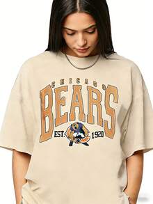 Vintage Chicago Sweatshirt Vintage Bears Unisex Shirt, American Bootleg, Oversized Short Sleeve Classic Heavy Cotton Shirt Printed Graphic Tee Women's Casual Short-Sleeved TopSports Short Sleeves - 杏色 - 查看 2