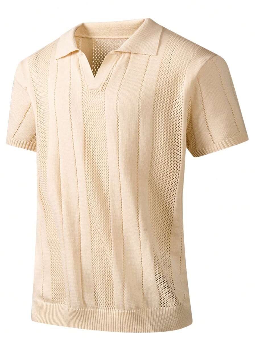 1pc Men's Polo Shirt, Beige Hollow Striped Knit, Minimalist Casual Style, Breathable Textured Knit, Suitable For Spring/Summer Casual Wear And Commuting - Khaki - View 1
