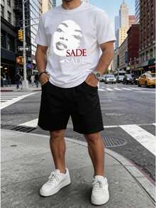 Conjunto para hombre estilo casual minimalista con estampado de letras tela cómoda ajuste holgado cuello redondo manga corta primavera verano uso diario set de playera y shorts - Blanco 2 - Ver 2