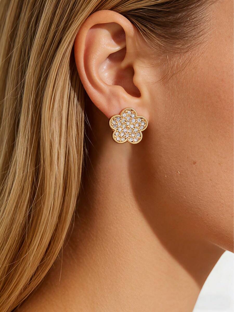 一对奢华花卉全镶钻耳环，欧美风格优雅耳环 - 金黃色 - 查看 1