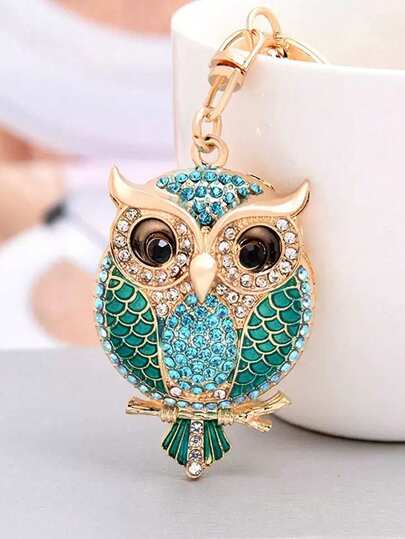 Cross-Border Creative Bag/Car Neutral Pendant, Rhinestone Cartoon Blue/Pink/Champagne Owl Metal Keychain, Small Gift For Boyfriend/Girlfriend/Best Friend/Coworker/Birthday/Parent, European & American Style Hanging Ornament