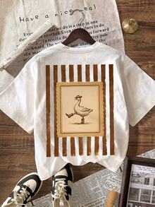 趣味西部牛仔鹅印花短袖休闲圆领女式T恤，夏季上衣，度假装 白色 - 白色 - 查看 2