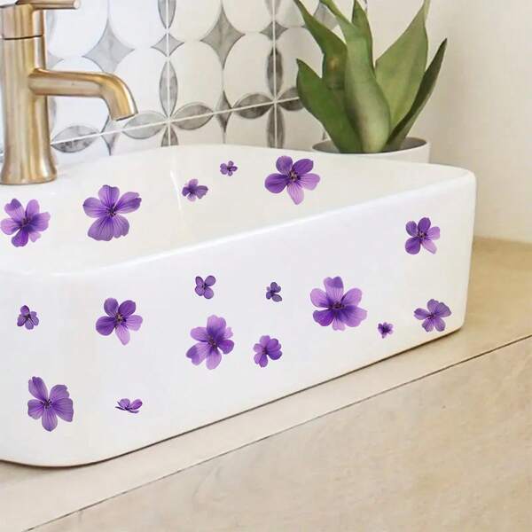 1pc Purple Flower Sink Decal, Scattered Violet Flowers By The Water, Self-Adhesive Removable, Fresh Ambiance