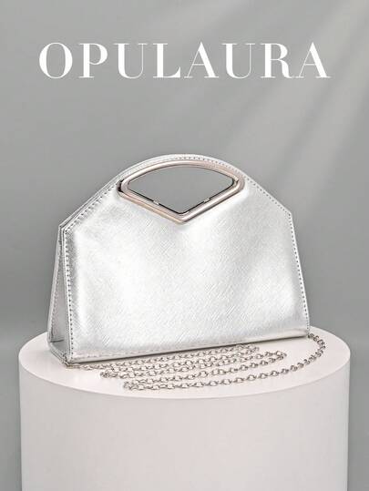 OpulAura 1 Piece Silver Minimalist Women's Evening Bag, Fashionable Elegant Synthetic Leather Formal Clutch Purse, Distinctive Metal Clasp Decor Makeup Bag, Wallet, Crossbody Bag With Metal Chain, Suitable For Weddings, Celebrations, Parties, Gold Color Bag