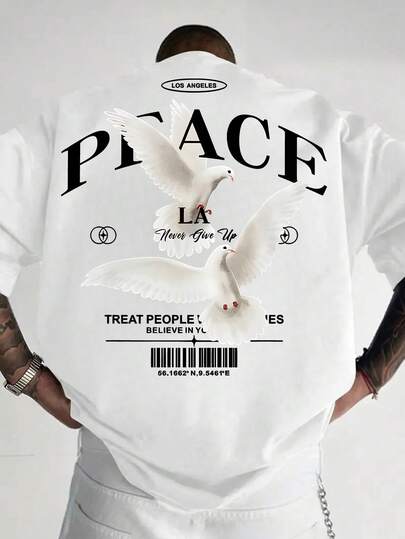 加大码男士个性化字母鸽子印花短袖T恤，舒适透气，夏季穿着