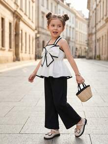 BASUSARRI Girls' Commuting Chic White Contrast Color Wide Strap Big Bow Tie Crop Top And Straight Leg 3/4 Pants Suit, Versatile Fashion - Black and White - View 3