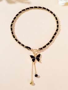 1pc Designer Fashion Butterfly Pendant Ball Tassel Braided Long Necklace, Elegant Jewelry For Women Party & Daily Wear - 蝴蝶 - 查看 2