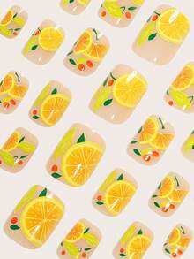 用24片短方形美甲贴片瞬间提升你的造型！清新橙黄柠檬片、绿叶裸粉色假指甲，优雅红波点黄叶假指甲，全覆盖式美甲贴片，适合女性和女孩。内含1张粘合贴片和1个迷你指甲锉，果冻胶材质，随机发货。 - 黃色 - 查看 4