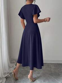 Women's Summer Mid-Length Dress Ruffled Sleeve Covered V-Neck Elegant Wedding Party Swing A-Line Slim Flared Dress - Navy Blue - View 2