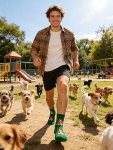 1 Pair Men's Green Cartoon Hunting Dog Pattern Mid-Calf Socks, Casual Socks For All Seasons - Multicolor - View 3