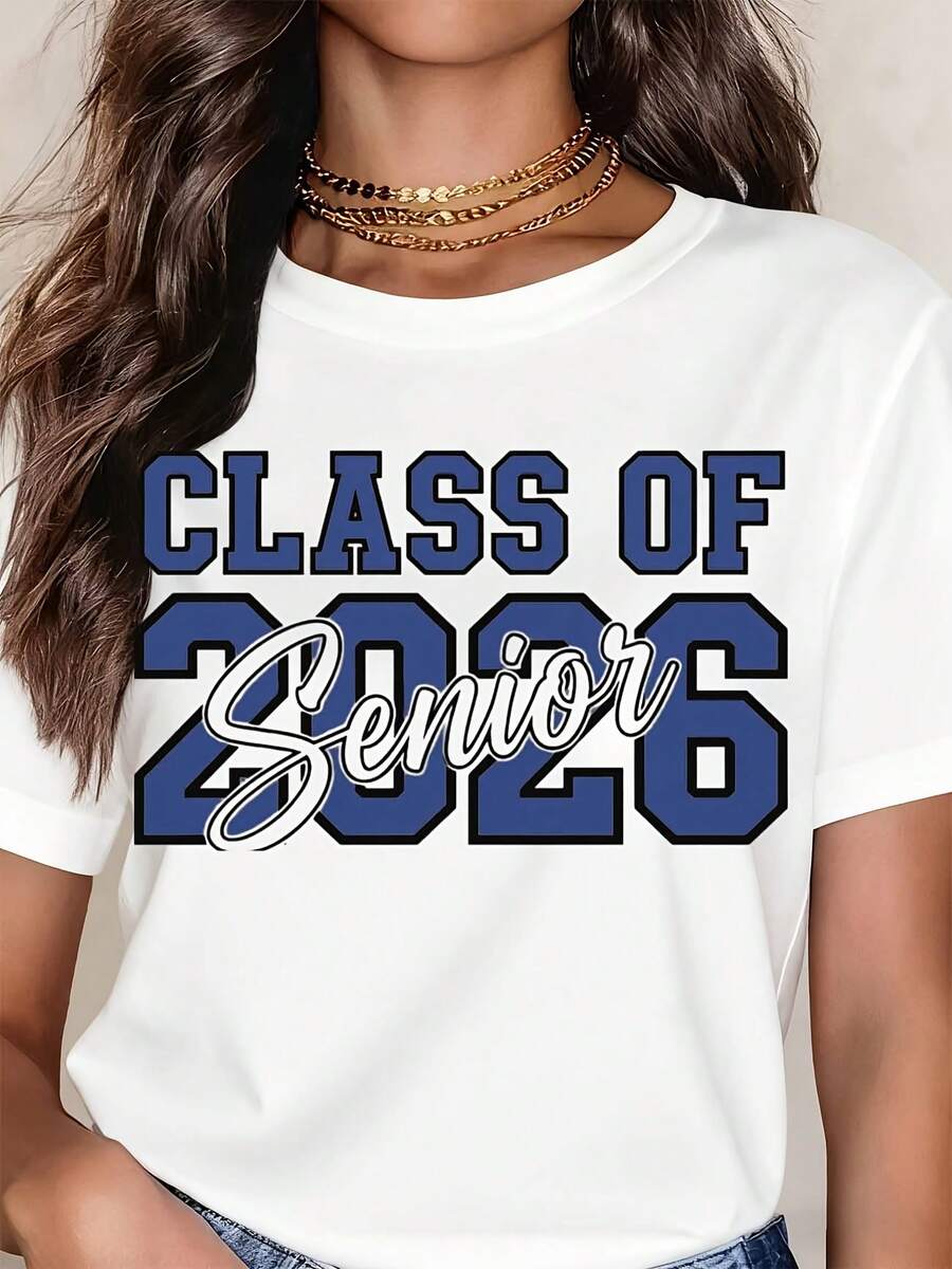 Women's T-Shirt Class Of Senior 2026 Casual, Crew Neck Short Sleeve Tee, Perfect For Birthday Gift Suitable For All Season Wear, Everyday Outdoors - 白色 - 查看 1