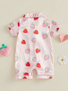 Satin Footless Pajamas Fashionable Strawberry Printed Short Sleeve Button Down Romper - 粉色 - 查看 7