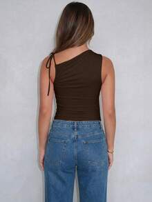 Asymmetric Tie Dye Sleeveless Crop Top, Stretchy & Comfortable For Summer - Coffee Brown - View 10