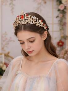 1 pieza Diadema de corona de princesa de lujo con cristales 3D de aleación, accesorio para el cabello como regalo de novia, dama de honor o cumpleaños para niñas - Rojo - Ver 2