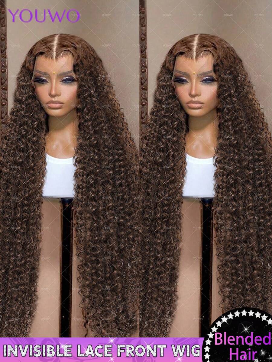 Tóc giả ren phía trước xoăn tít 8-34 inch, tóc giả pha trộn tóc người 13x4, tóc giả xoăn pha trộn tóc người, mật độ 180%, tóc giả ren phía trước xoăn Jerry, tóc giả đã được tỉa sẵn, màu nâu sôcôla xoăn Jerry dành cho phụ nữ có tóc con.