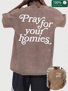 1pcMen'S Vintage Christian Faith T-Shirt With "Pray For Your Homies" Back Print - Casual Round Neck Tee For Casual Attire, Church Events & For Sports - Machine Washable All-Season Fit Brown Shirt With Letteringgraphic Tees Men Summer Outfits - 咖啡色 - 查看 1
