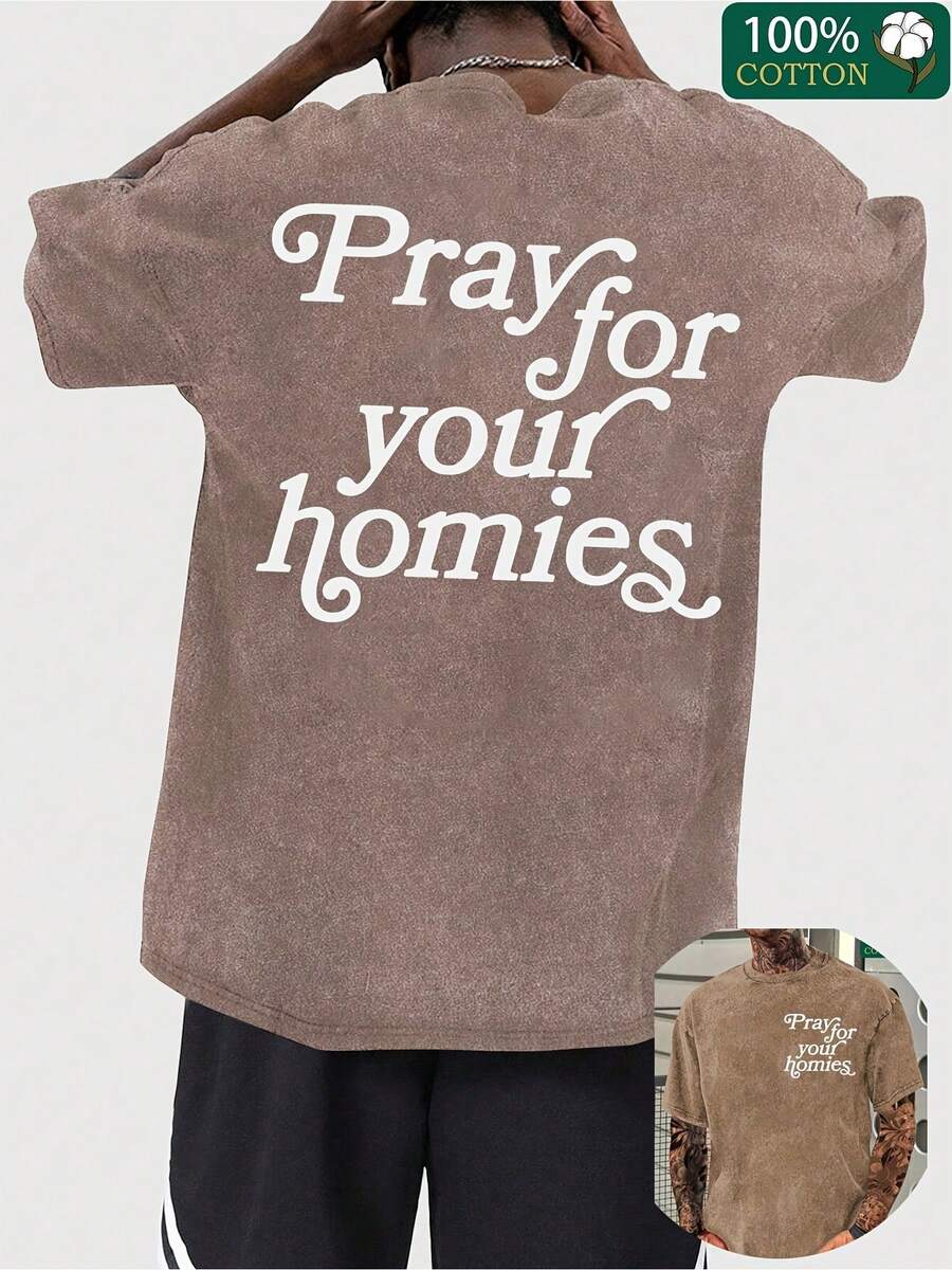 1pcMen'S Vintage Christian Faith T-Shirt With "Pray For Your Homies" Back Print - Casual Round Neck Tee For Casual Attire, Church Events & For Sports - Machine Washable All-Season Fit Brown Shirt With Letteringgraphic Tees Men Summer Outfits - 咖啡色 - 查看 1