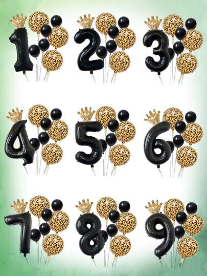 9pcs 32-Inch Number Balloon Set, 18-Inch Crown Balloon, Leopard Print Round Foil Balloon, Black 0-9 Number Balloons, Black Latex Balloons, Suitable For Birthday Party, Anniversary Decoration