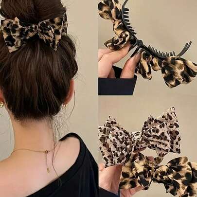 1Pc Leopard Print Bowknot Fixing Hair Claw, Minimalist & Elegant Fashion Hair Accessory For Women, All-Season Style For Daily Wear, Travel, Wedding, Campus, Party, Gatherings & Gift Giving