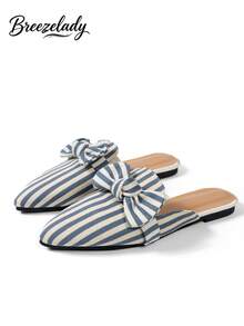 Breezelady Women's Spring/Autumn Korean Style Pointed Toe Light Blue Bowknot Vertical Striped Design Versatile Plus Size Flat Slip-On Mule Slippers, Casual & Slouchy Style, Fashion Indoor/Outdoor Leisure Home Slippers - 藍白色 - 查看 2