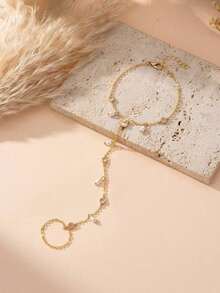 1pc Elegant Faux Pearl & Cubic Zirconia Finger Chain Bracelet, Suitable For Women's Daily Wear, Dates, Parties, Banquets, Holiday Gift - 黃金 - 查看 4