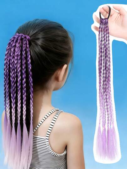 1-Piece Set Of Gold Thread Braided Flash 20 Inch Rubber Band Purple Gradient Ponytail 6 Small Braids,Suitable For Daily Wear And Holidays For Girls And Children
