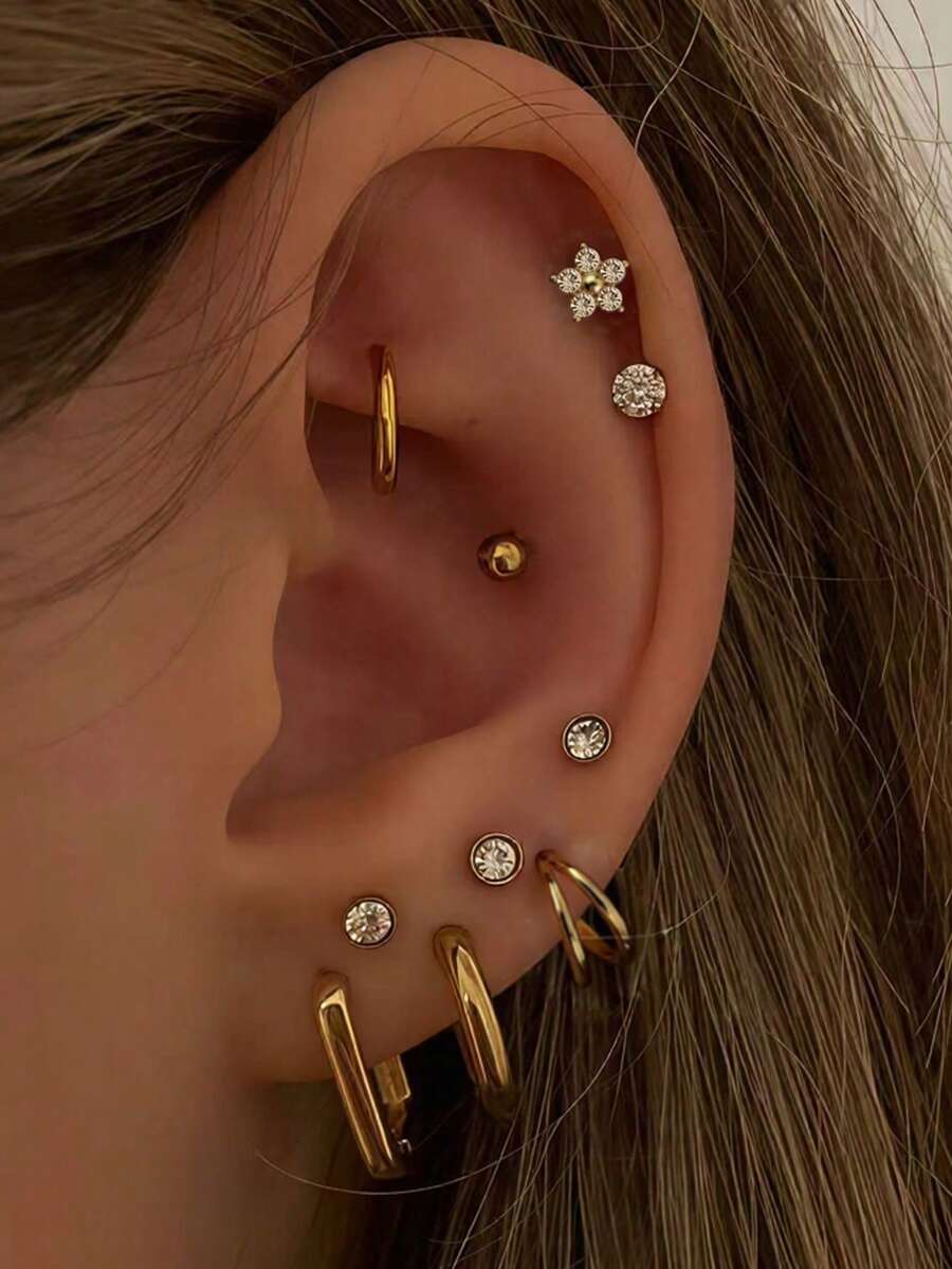10pcs Personalized Cubic Zirconia Stud Earrings Set, Multi-Layer Pierced Cartilage Earrings, Suitable For Women Office, Birthday Party, Music Festival Layering - Yellow Gold - View 1