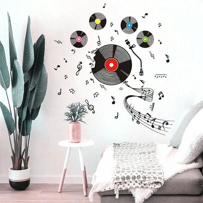 Pegatinas de pared con diseño de notas musicales, discos, piano, violín, gramófono y otros instrumentos musicales para decorar estudios de música, salas de baile y dormitorios