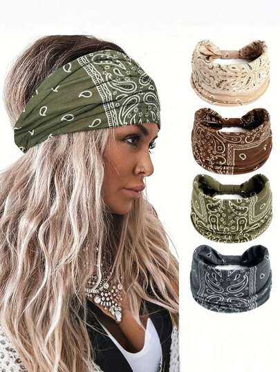 4条装波西米亚风瑜伽吸汗带弹性印花头带 - 柔软混纺瑜伽运动头巾，透气四季皆宜，4种颜色（黑色、棕色、深绿色、卡其色）