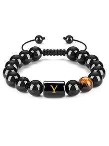 Vòng tay nam bằng đá mã não đen mắt hổ, kiểu bện, mặt dây chuyền 26 chữ cái, trang sức khắc tên riêng, quà tặng sinh nhật. - Nhiều màu - Xem 26