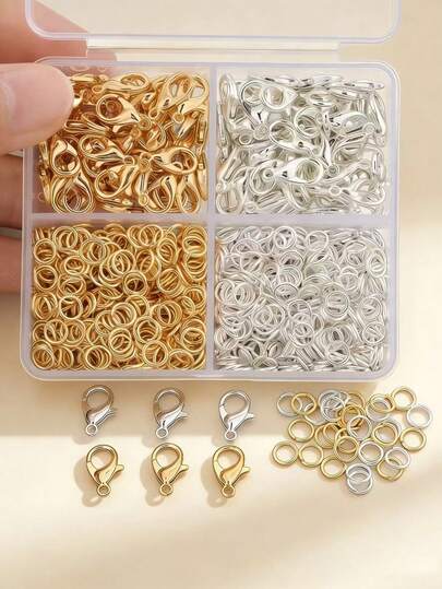 1 Scatola Gioielli Fai-da-Te Oro + Argento, Contiene Moschettoni, Anelli a Molla, Adatto per Accessori per Gioielli Fai-da-Te, Perline Fatte a Mano, Perline Distanziatrici, Anelli Connettori per Collane, Bracciali e Cavigliere