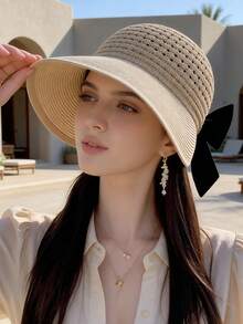 1pc Women's Summer Hat, Sun Protection Hat, Beach Hat, Wide Brim Hat, Solid Color Large Brim Sun Hat, Suitable For Daily Use,Vacation - MZ1650X - View 5