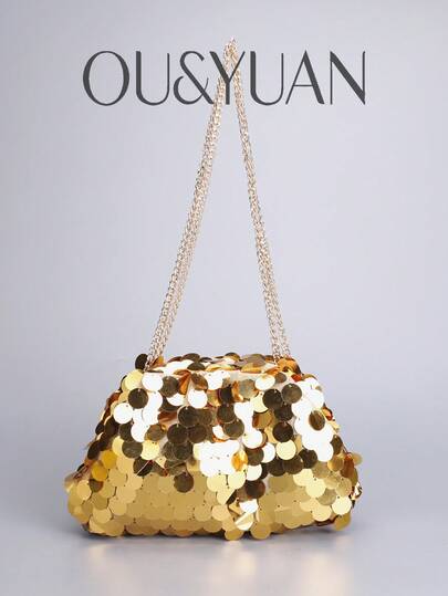 1pc Fashionable Women's Gold Sequin Dinner Bag, Elegant And High-End Luxury Gold Dinner Bag, Suitable For Parties, Banquets, Valentine's Day, Mother's Day Exquisite Gifts.