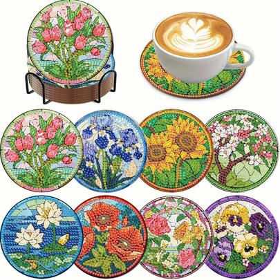 8 قطع مجموعة بطانات الكوب بالألماس والزهور، سطح ألماسي لامع ودائم الالتصاق مع أدوات كاملة، سهل للمبتدئين، حرفة يدوية مريحة للتوتر، هدية لرأس السنة والعيد الحب وعيد المعلم، ديكور منزلي بطانات طاولة للعائلة والأصدقاء والمعلمين