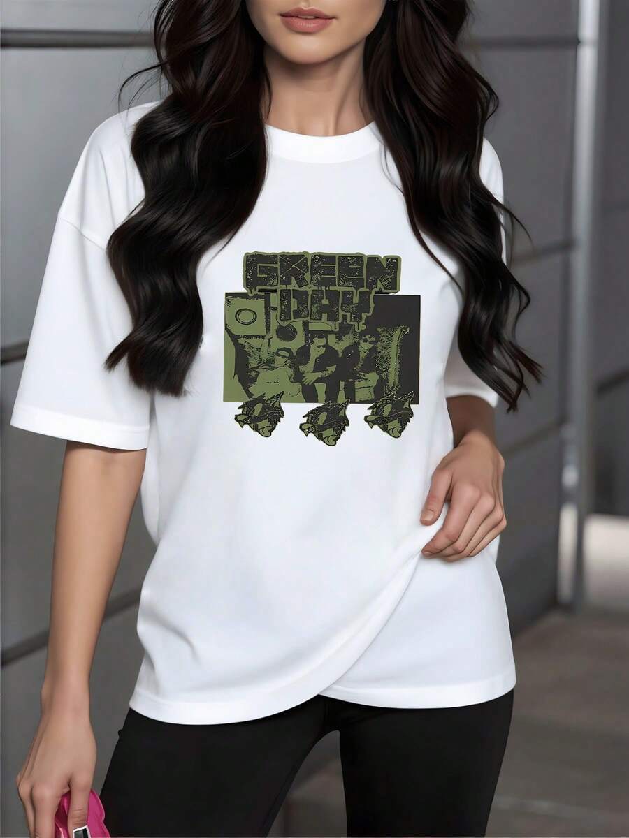 Gráfico que muestra una celebración moderna con figuras humanas bailando y manos levantadas simbolizando energía y unión con tonos verdes inspirados en la naturaleza camiseta de mujer casual cómoda para uso diario 220g - Blanco - Ver 1