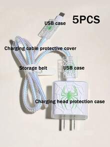 5个绿色蜘蛛图案TPU充电器保护套，适用于苹果18/20W充电器 - 彩色 - 查看 5