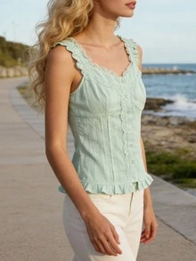 Women's Ruffle Hem Tank Top V Neck Lace Patchwork Backless Vests Slim Fit Y2k Camis Tops - Olive Green - View 4