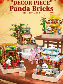 New Chinese Style Street Scene Building Blocks, Panda Small Shop Building Blocks Toy Set (With Base), Small Particle Building Blocks, Plastic Building Blocks Assembly Model Toys, Fun Ornaments Decorations, Souvenirs/New Year Gifts - Multicolor - View 2